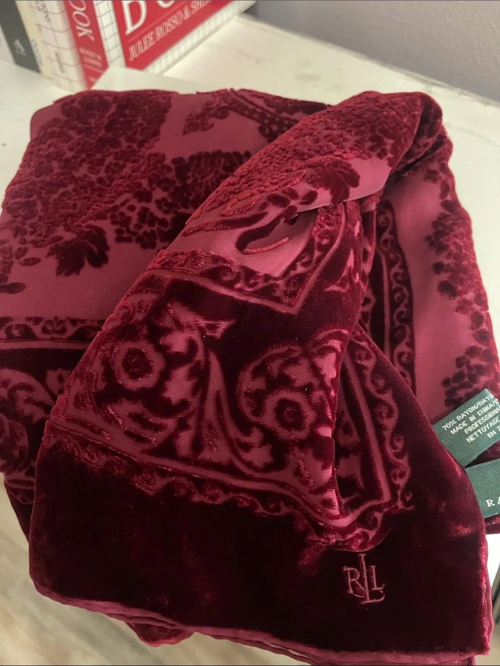 Lauren Ralph Lauren Deep Burgundy Burnout Velvet Scarf Rayon Silk